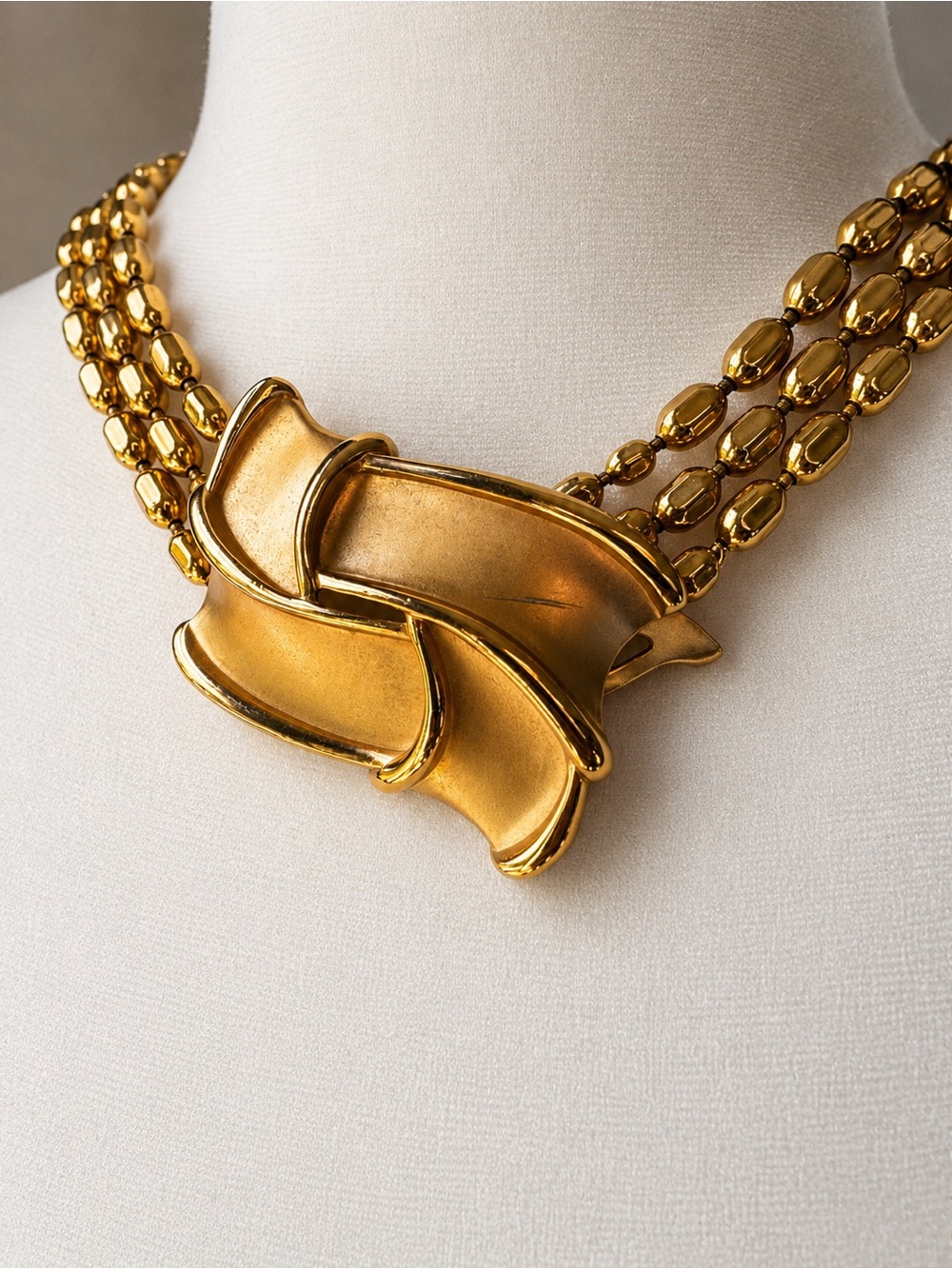 VTG YSL Yves Saint Laurent Gold-Tone Statement Necklace Triple Strand Beads